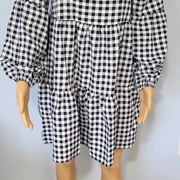 Women's V Neck Long Sleeve Plaid Printed Tunic Dress Small - Picture 4 of 10